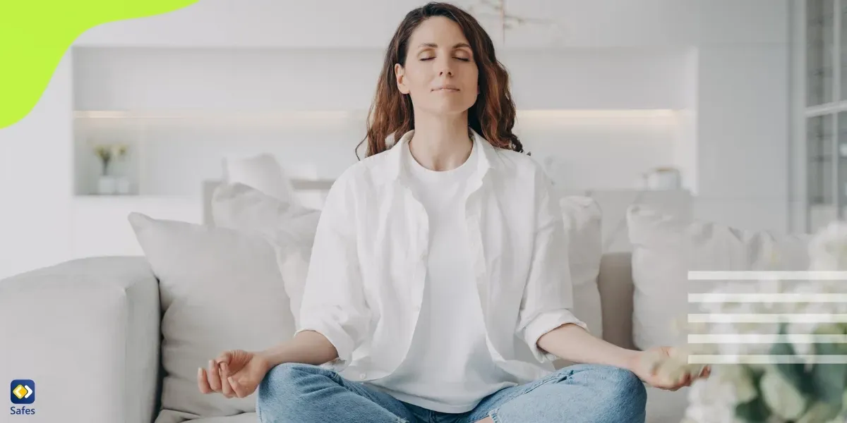 Woman practicing deep breathing on sofa