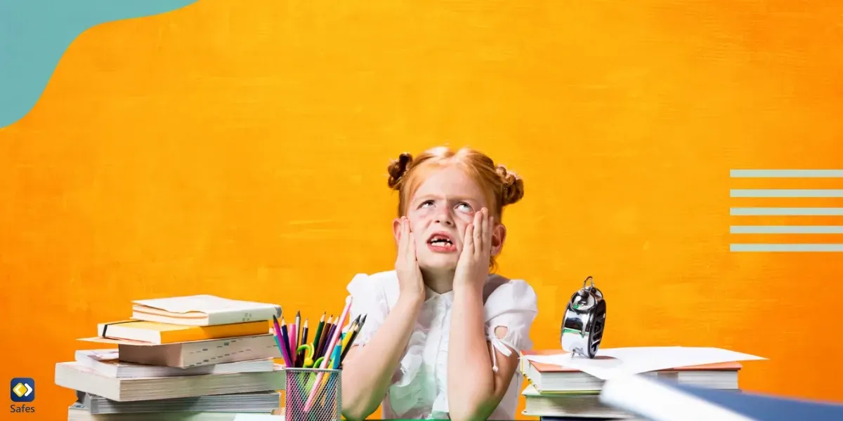 Frustrated child with lots of books sitting at a table