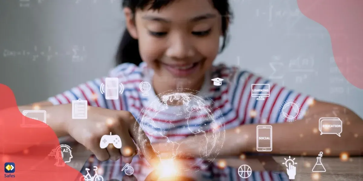 Young girl using a tablet with symbols on the screen